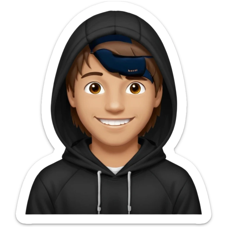 20 yr old man, brown hair, straight, big smile, white teeth, tanned skin, bangs, black hooded sweatshirt, long hair in back, center-parted bangs sticker