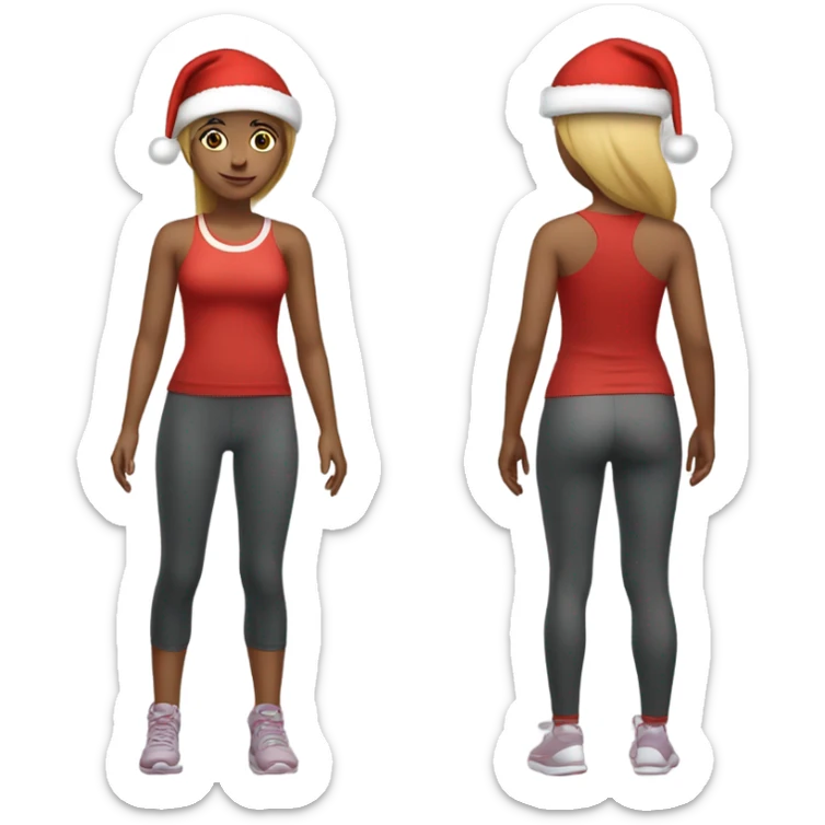 Emoji of full-body sporty girl в top and leggings wearing a red Christmas hat. sticker