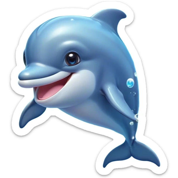 Cinematic Cheeky Dolphin Portrait Emoji, With a playful tilt of its head and a mischievous sparkle in its eyes, showcasing a sleek, shiny body accented by a quirky, animated smile and a cheeky wink, Simplified yet hilariously endearing features, highly detailed, glowing with a vibrant, sassy aquatic glow, high shine, spirited and fun, stylized with an air of quirky marine mischief, soft glowing outline, capturing the essence of a super cute dolphin that looks ready to splash its way into viral fame with playful charm! sticker