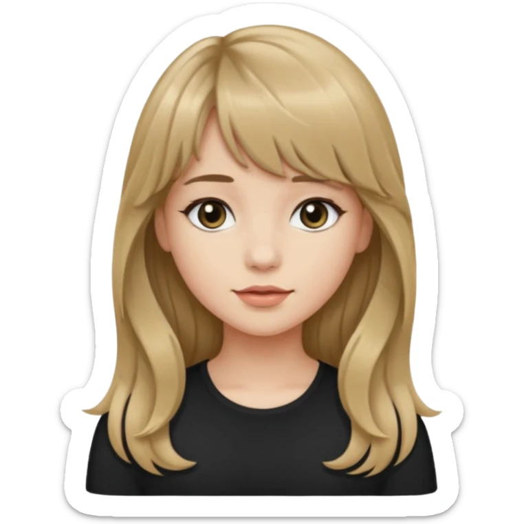 Uma garota de cabelo ondulado loiro escuro,mas com franja lisa e olhos pretos, e a cor de pele branca,e o cabelo LONGO  sticker