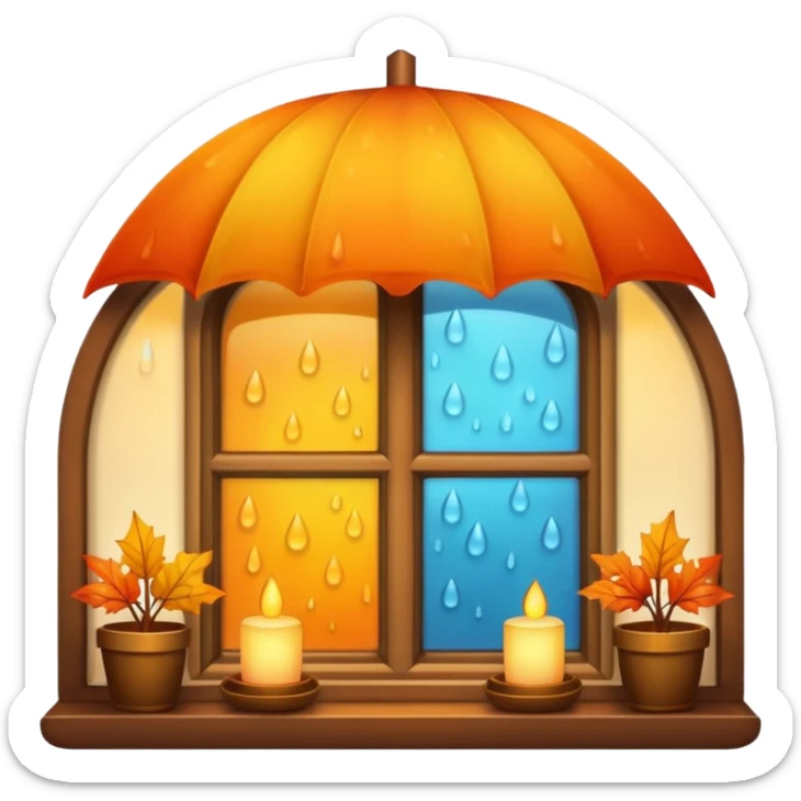 cozy home emoji with a window showing rainy weather, warm lights inside, and cool autumn shades sticker