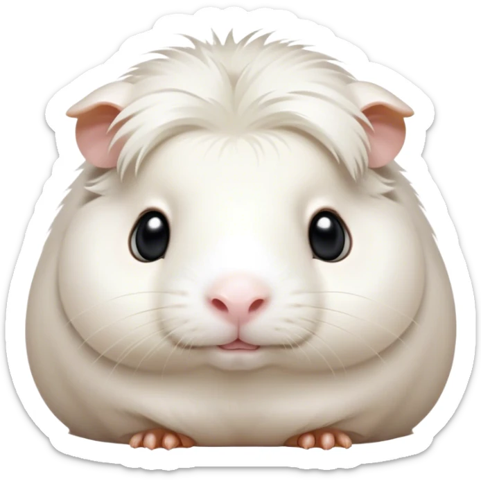 Cinematic Noble White Guinea Pig Portrait Emoji, Poised and regal, with a compact, chubby build and a pristine, well-groomed pure white fur, deep-set soulful dark eyes, Simplified yet sharp and sophisticated features, highly detailed, glowing with a soft, dignified glow, high shine, intelligent and sweet, stylized with an air of gentle purity, focused and attentive, soft glowing outline, capturing the essence of a watchful and confident little companion, so majestic it feels as though it could scurry out of the screen with effortless authority! sticker