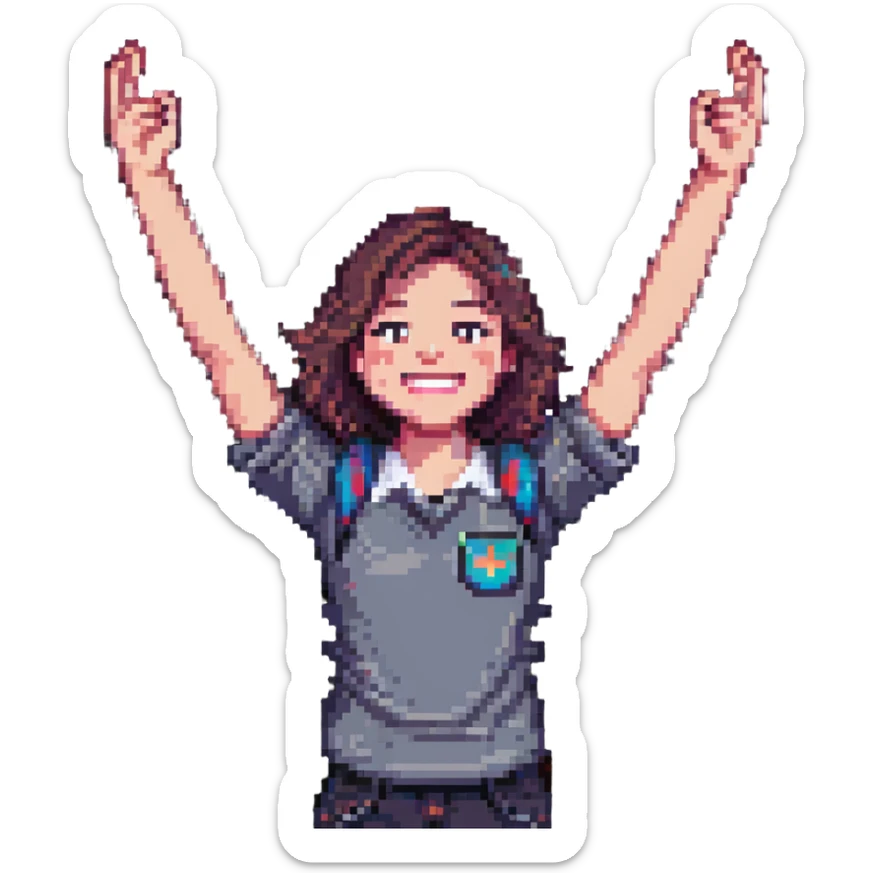 college student smiling in front of a laptop, arms raised in a hooray position, pixel art style sticker