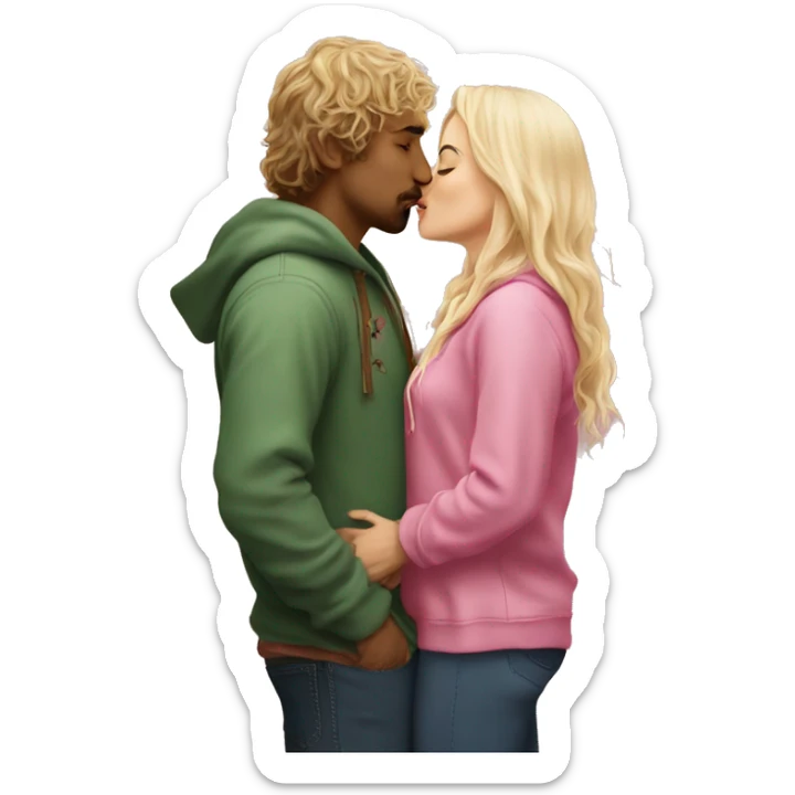 Pippin-hobbit wearing hoodie passionately kissing pretty blonde woman wearing pink top sticker
