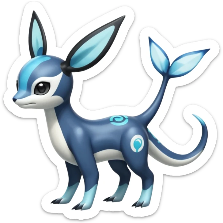 Black and white smooth glossy soft hot Meloetta-Dialga-Orca-Vaporeon-Umbreon-Pokémon-Fakémon-fusion-hybrid-creature (full body), 4-legged,  sticker