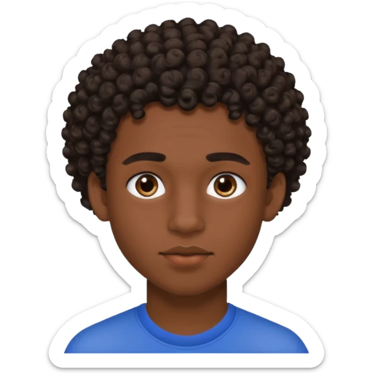 Une homme de 17 ans il a la peau noir foncé , des lèvres pulpeuses des sourcils plus ou moins épais Il a un taper bouclé  mais que au dessus il a un dégradé sur les côtés  sticker