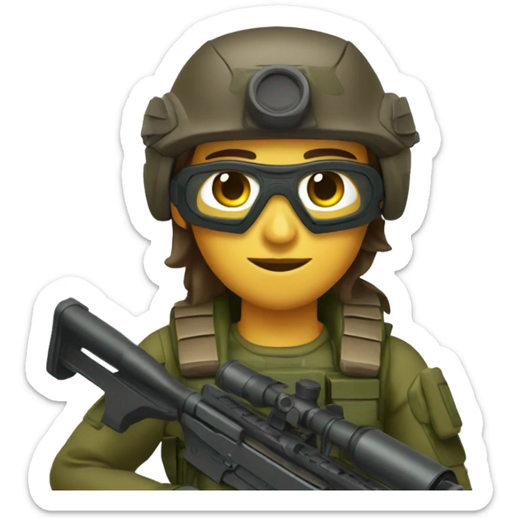 Sniper with a sniper rifle dressed in brown camouflage, dark green helmet and body armor with tactical goggles and brown hair sticker