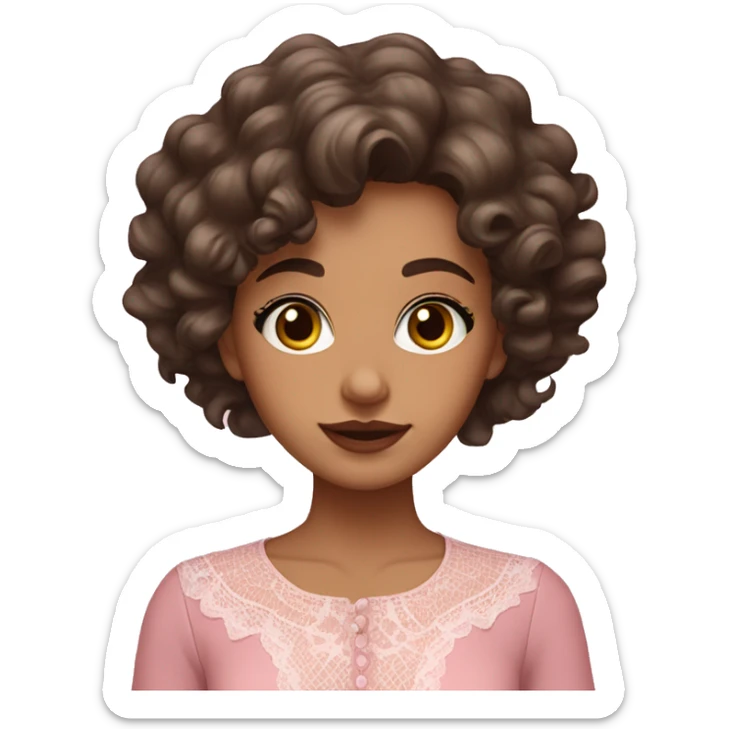 a brunette girl with large curls, fair skin, brown eyes, full lips, in a pink blouse with lace sticker