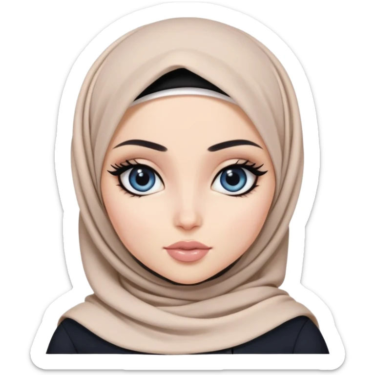 pretty bratz girl, hijabi, dark blue eyes, black eyeliner, pale skin, black clothes sticker