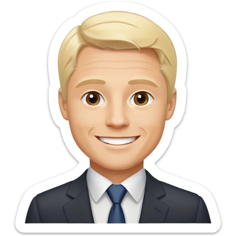 Oleg Tinkov, smiling, blond hair, wearing a business suit sticker