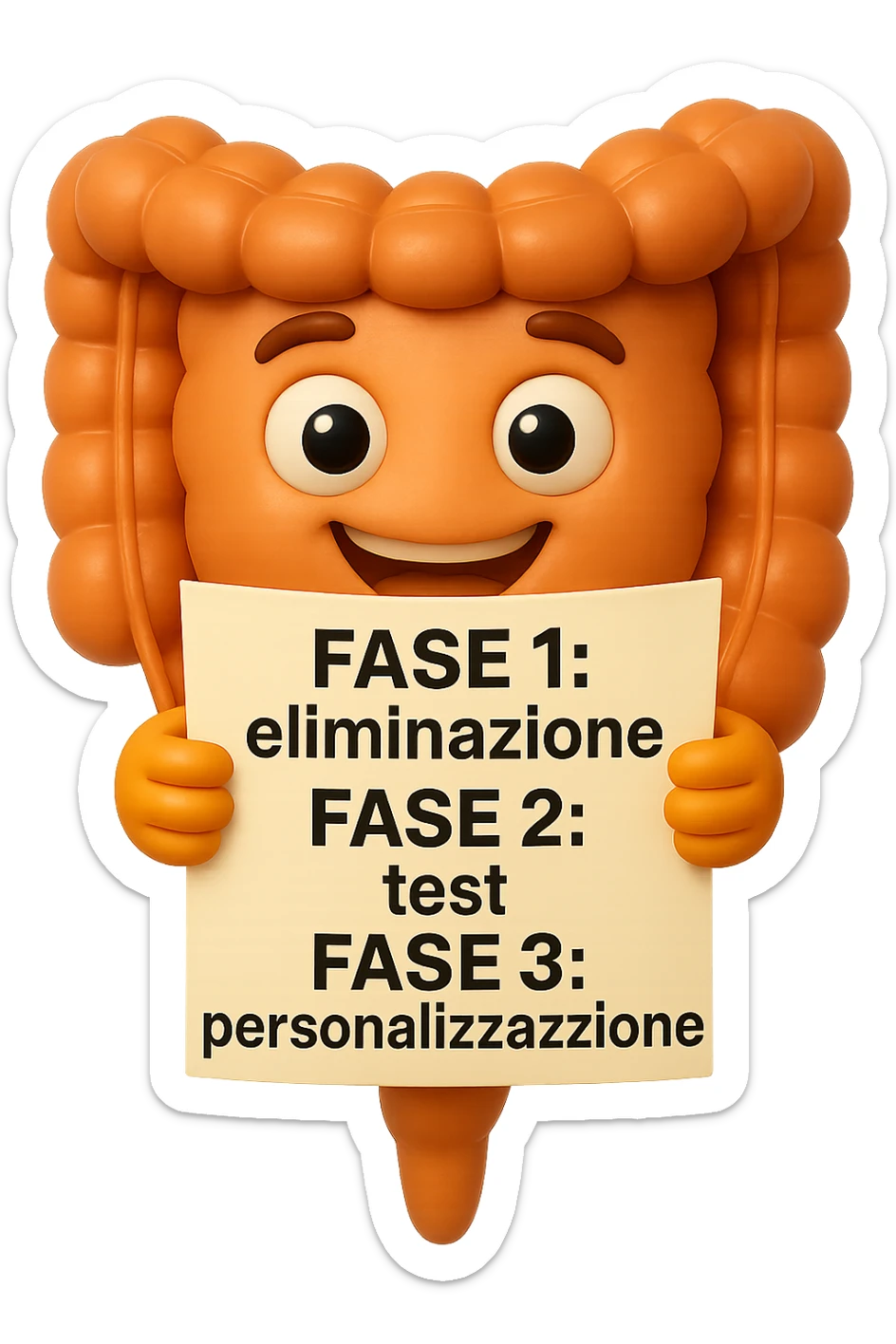 emoji stile iphone 3d di un intestino che tiene in mano un foglio con la scritta "FASE 1: eliminazione, FASE 2: test, FASE 3: personalizzazione, IPERREALISTICO 4K sticker