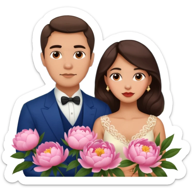 Couple traveling in Montenegro russian man and elegant  Latina girl delicate peonies and mountains in the background  sticker