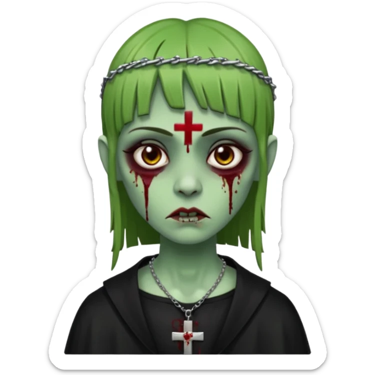 Zumbi verde com olhos castanhos aspecto de que tá sangrando, uma franja reta um piercing do lado esquerdo do nariz, roupa preta e crucifixo como colar, e também delineador sticker