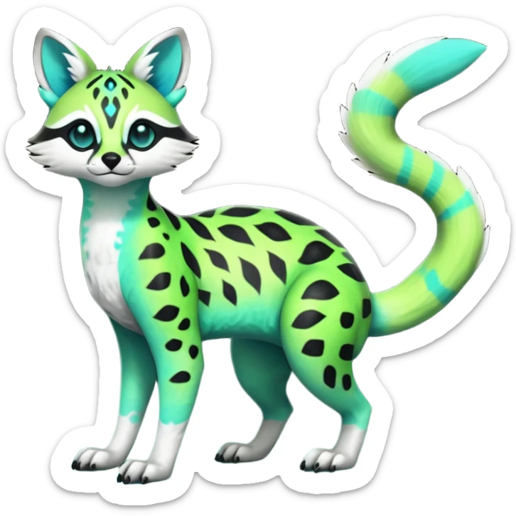 Rare realistic iridescent neon lime-green & cyan white black lush tropical exotic cute epic pretty beautiful handsome gorgeous aesthetic colorful vibrant Vernid-Protogen-Primagen-Wickerbeast-Genet-Trico-species-Fakemon-hybrid-creature by LiLaiRa, beautiful intricate markings, full body sticker