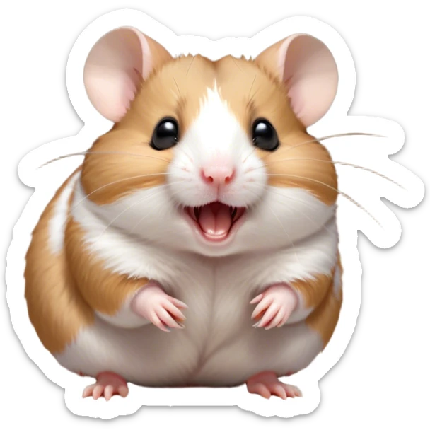 Cinematic Cute Yawning Brown and White Banded Hamster Portrait Emoji, Head tilted slightly with a dramatic, wide-open yawn, revealing a soft, banded fur of brown and white with tiny droopy ears, round dark eyes barely open in drowsy contentment, Simplified yet irresistibly adorable features, highly detailed, glowing with a soft, cozy glow, high shine, relaxed yet expressive, stylized with a touch of whimsy, bright and endearing, soft glowing outline, capturing the essence of a sleepy yet affectionate hamster, so drowsy it feels like it could stretch out of the screen and curl up for a nap! sticker