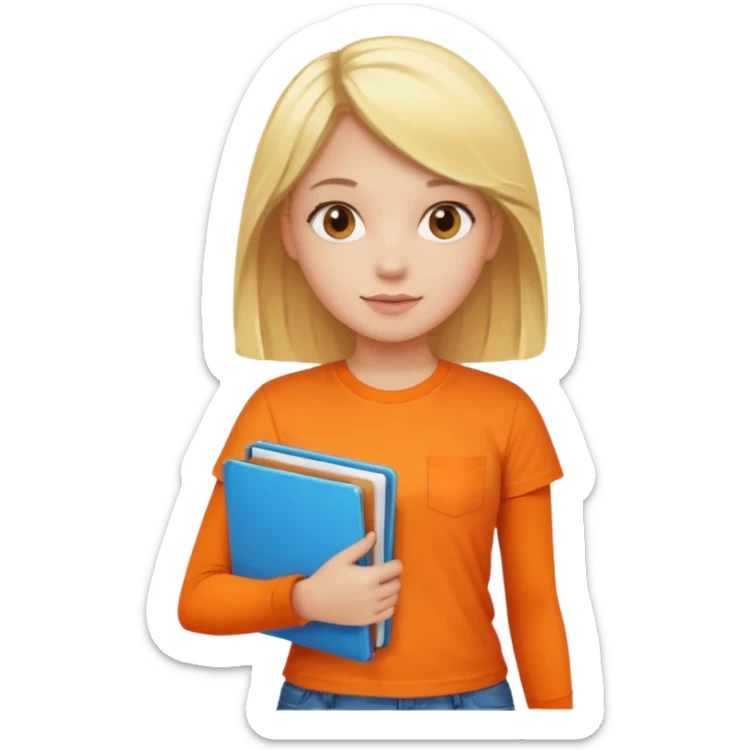 blonde girl in an orange t-shirt holding folders, vibrant colors sticker