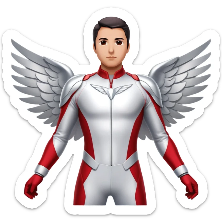 Danny Ramirez as the new Falcon in Captain America: Brave New World, wearing a sleek, high-tech red, white, and silver suit with aerodynamic wings. His expression is determined and heroic, ready for action. The background features a dramatic sky, highlighting his flying abilities sticker