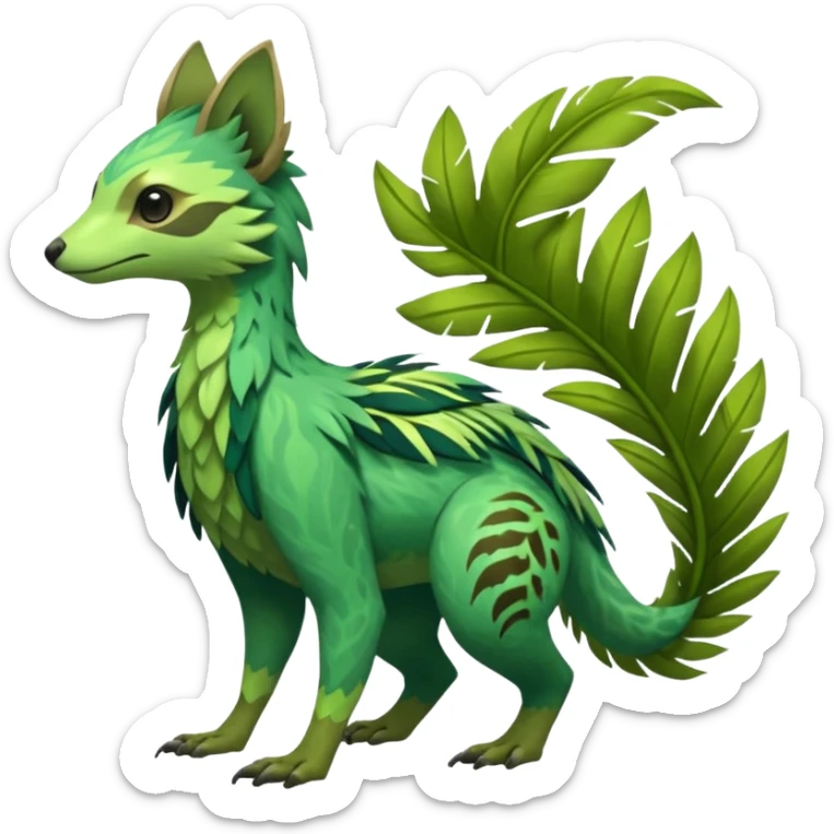  Tropical feathery shamanic cultural Greenish beautiful handsome gorgeous aesthetic colorful vibrant Vernid-Trico-species-Fakemon-creature by LiLaiRa, 4 legs, 1 tail, random markings, (full body) sticker