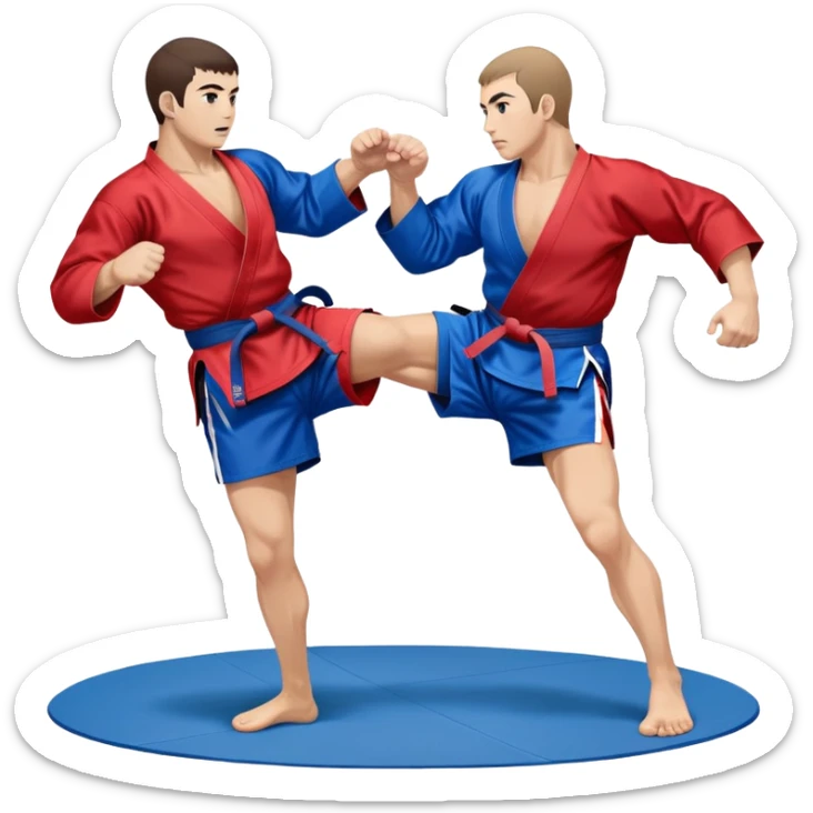 Two Sambo fighters in blue and red kimonos, with shorts and wrestling shoes, performing grappling and throwing techniques. The background shows a wrestling mat and an intense, focused atmosphere. Transparent background highlights the fluidity and skill of the sport without strikes. sticker