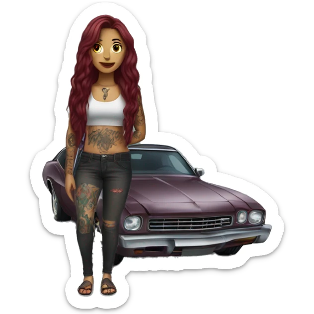 Beautiful tattooed burgundy long haired woman standing next to a car sticker
