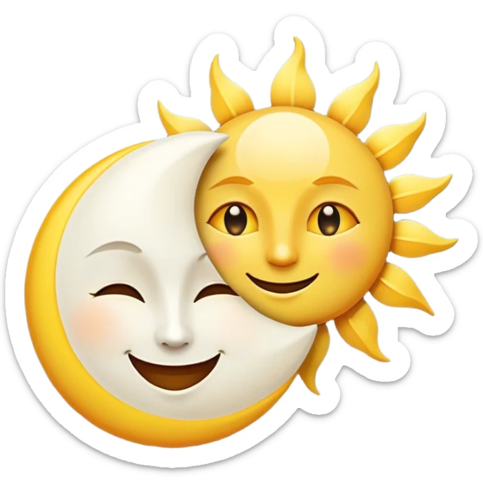 a really bright  big sun and a small moon who shines because of it. the sun is bigger and the tiny \moon bright too beside it smiling looking at each other sticker