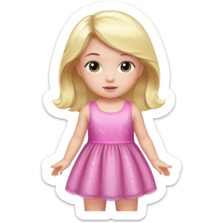 A baby with a pink sparkling dress and blonde hair and black hair and long hair sticker