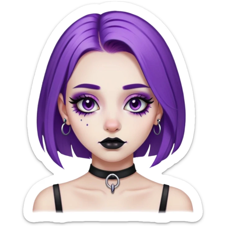 girl with purple hair, black septum piercing, black bridge piercing, eyeliner, lashes sticker