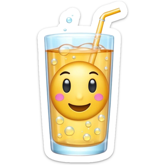 3D iPhone style emoji of bubbly soda pop, fizzy bubbles rising, translucent sparkling liquid, isolated on white background, soft shadows, high detail, playful and cute. sticker