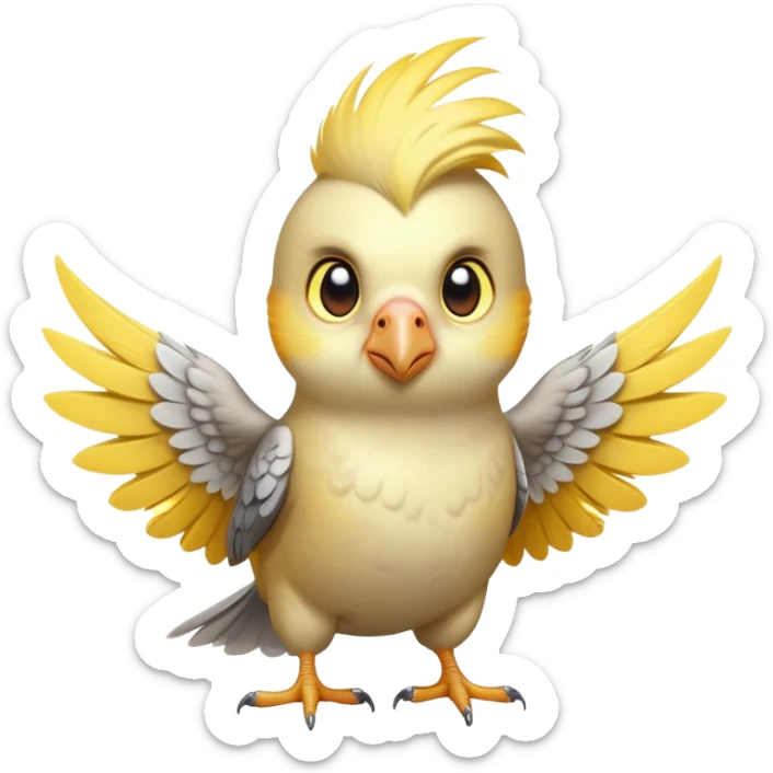 adorable-[cockatiel]-realistic-full-body-perched-emoji,-wings-tucked-neatly,-head-tilted-dramatically,-sleek-[yellow and grey]-feathers,-simplified-yet-realistic-focused-features,-highly-detailed,-glowing-with-an-almost-sarcastic-glow sticker