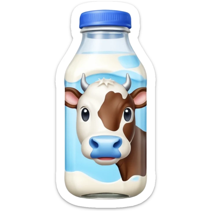 A 3D cartoon glass bottle of cow’s milk — white liquid, blue cap, clear reflections, Memoji-style rendering. sticker
