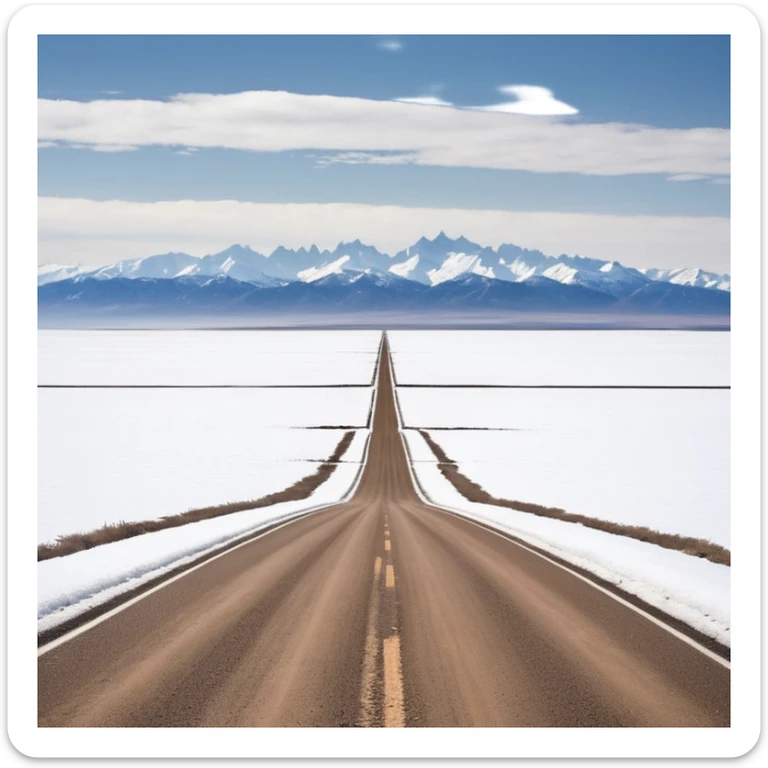 A long STRAIGHT dirt road that disappears into the horizon half way up the screen from the perspective of someone sitting in the middle of the road looking down it. Flat snow fields on both sides of the road with huge looming mountains above the roads horizon line.  sticker