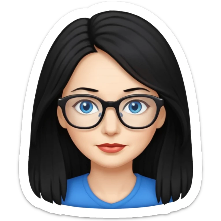 woman 50 years old, long and fluffy black hair, blue eyes, glasses sticker