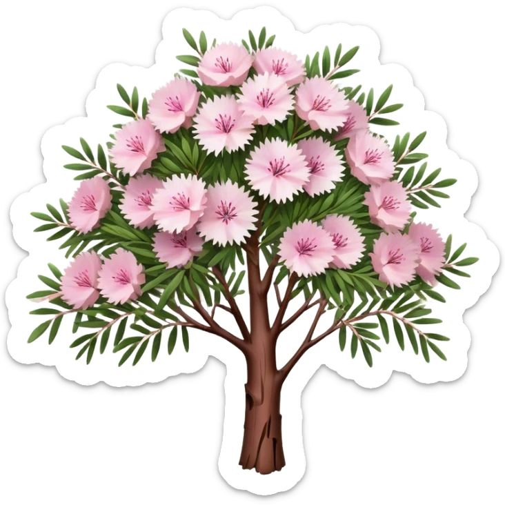 Cinematic Realistic Melaleuca Emoji, Elegant and resilient, with peeling, papery bark and delicate, needle-like leaves. The tree stands tall and graceful, with clusters of white and pink flowers dotting the branches. Soft glowing outline, capturing the essence of natural elegance and resilience in a beautiful melaleuca tree! sticker