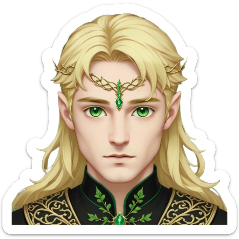 A golden-haired High Fae male with striking emerald-green eyes, his features sharp and aristocratic. He wears a deep black tunic embroidered with green ivy-like patterns, symbolizing his connection to nature. Though his broad frame and strong jawline exude power, there is a weight behind his eyes—something restrained, something broken. sticker