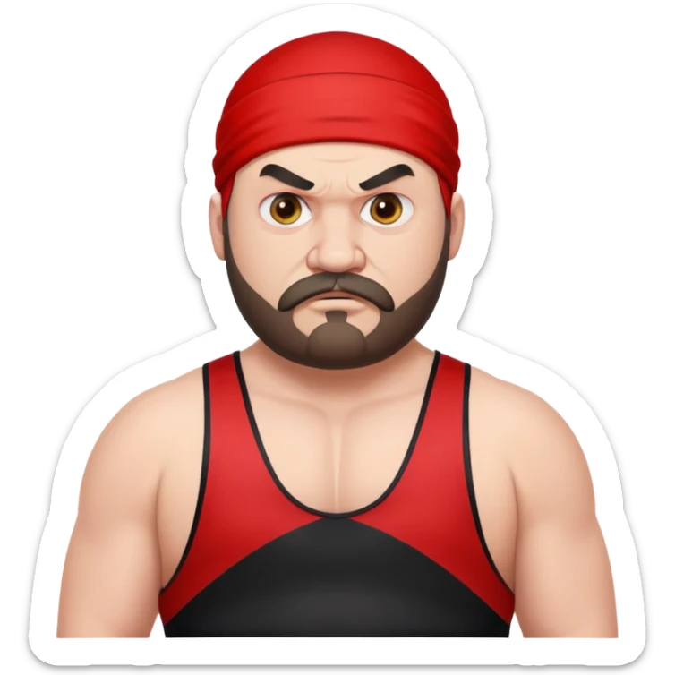 Close-up of extremely fat white skin guy with young face, beard and mustache, no muscle with prominent black durag, black eyes in a red and black wrestling singlet with angry face sticker
