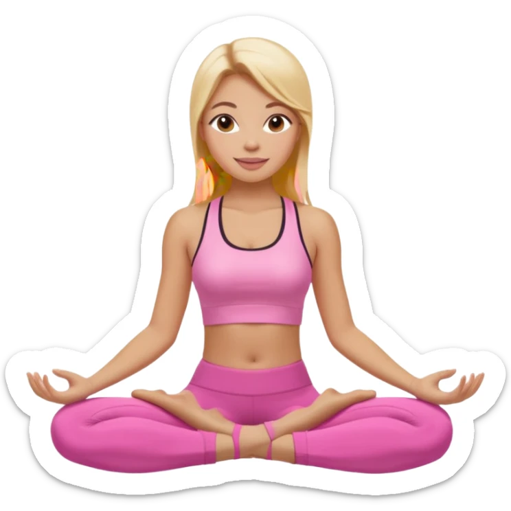 Mujer color de piel moreno claro con cabello rubio suelto y lacio y largo, que tenga gloss en los labios y se vea usando Blush rosita, usando un top rosa deportivo y leggins deportivo rosa en una pose de yoga sentada, viendo hacia enfrente con ojos negros y sonriendo sin mostrar los dientes sticker