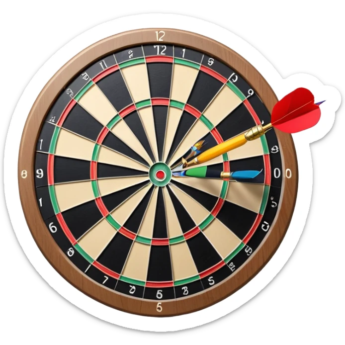 A dartboard with darts firmly stuck in the bullseye, surrounded by the colorful sections of the target. The background conveys a competitive atmosphere, with a subtle focus on precision and skill in the game of darts. sticker
