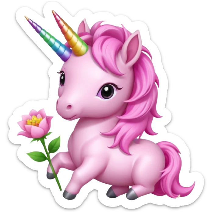 Cute happy anime style pink baby unicorn holding a flower 
 sticker