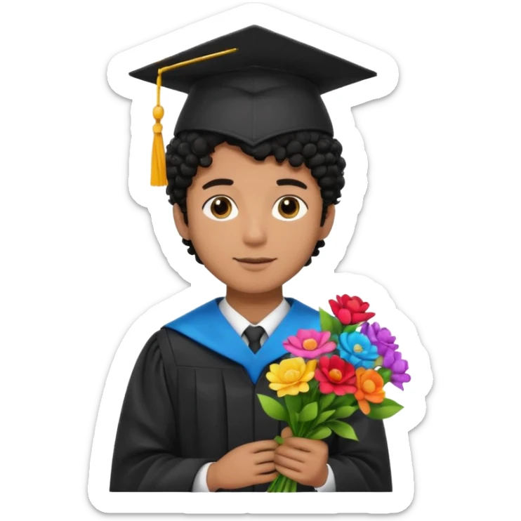 Graduated Students, Male,  brown skin, black curly hair, wearing graduation cap, holding bouquet of flowers
 sticker