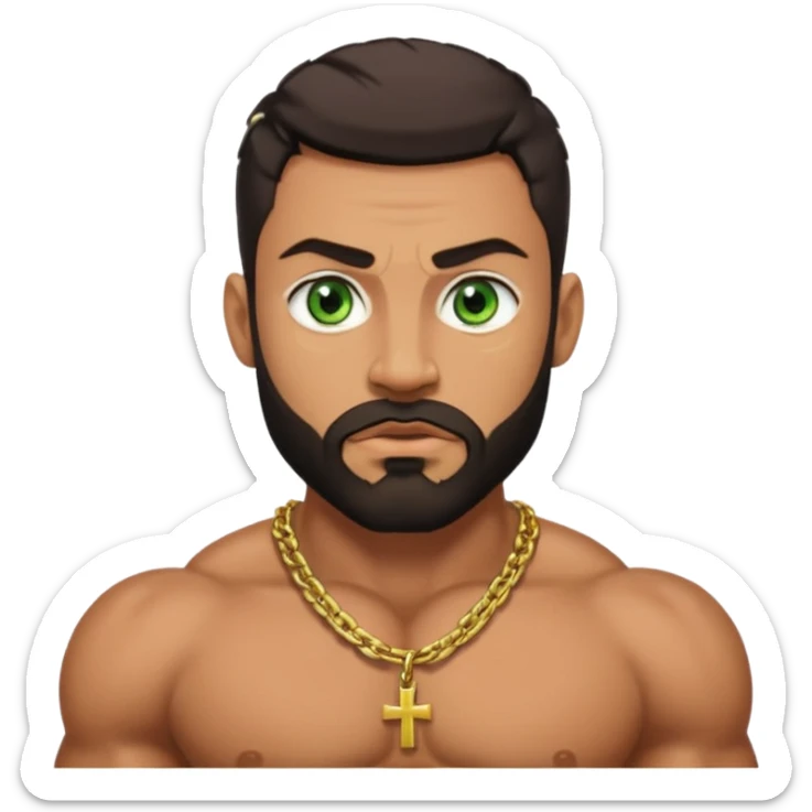 green eyes, dark short hair, muscular shoulders, wide cross, gold chain, big lips big nose big eyes, masculine good looking, dark beard, muscular strong looking sticker