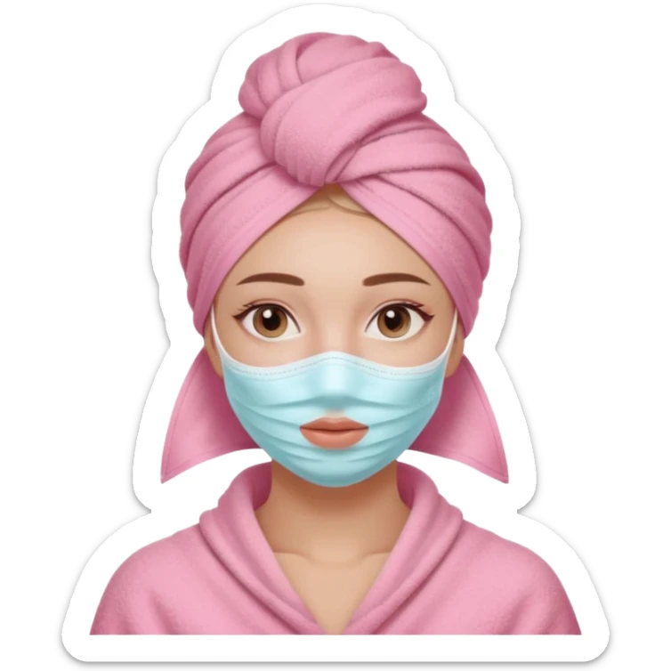 Clean girl influencer character, chest-up portrait, wearing a pink towel wrapped around the head, facial skincare mask on face, relaxed confident expression, soft glow skin, minimal chic aesthetic, subtle beauty accessories, calm self-care vibe sticker