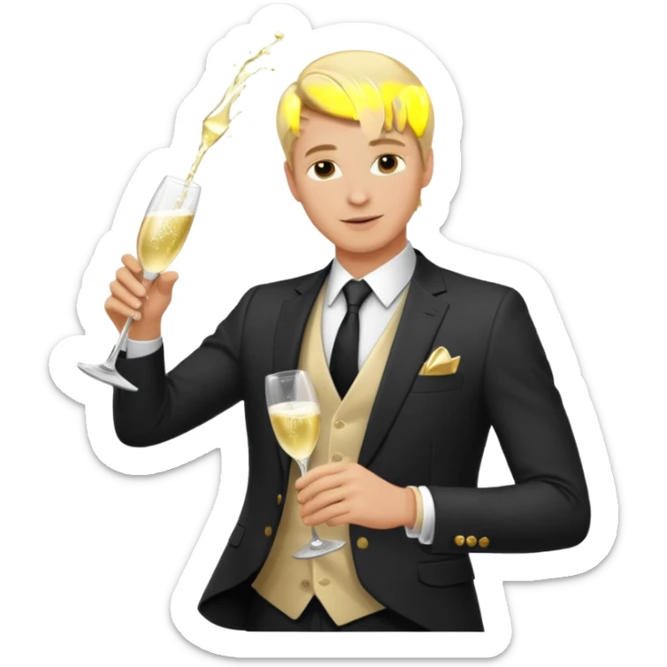rich fit blonde white man in a suit, confidently pouring champagne, exuding intelligence and luxury, apple style emoji sticker