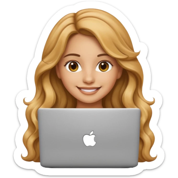 Pretty girl with long, light golden brown wavy hair, Latina, with a laptop, AI-generated emoji. sticker