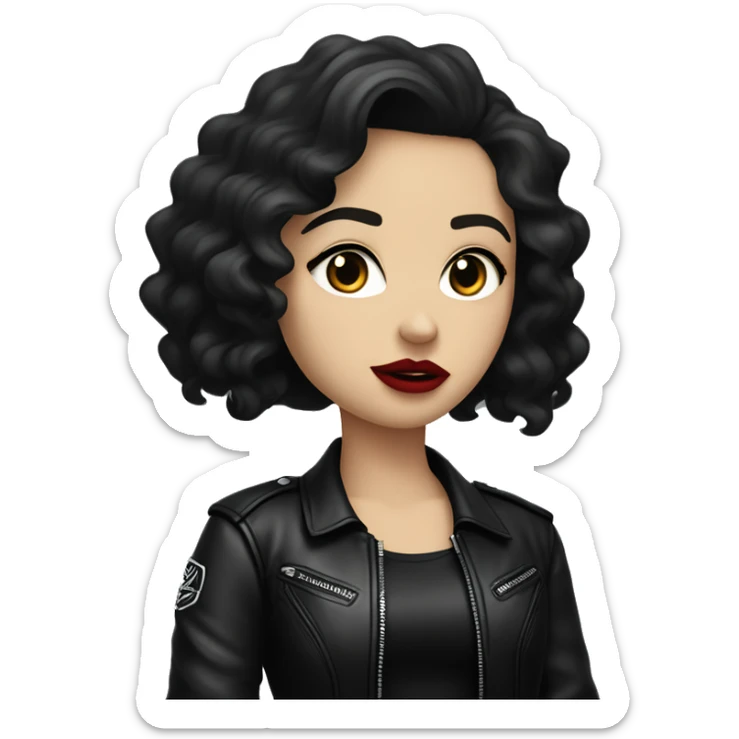 White girl, with long curly black hair, with red lipstick, black winged eyeliner, wearing black shirt and black leather jacket shrugging her shoulders in a gesture that says “I don’t know” sticker