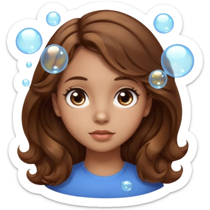 girl with brown wavy hair in a side part with big brown eyes looking off to the side with bubbles on both sides of her sticker