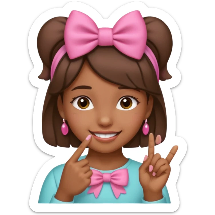 Chica morena sonriendo con un lazo rosa en la cabeza y mordiendose la punta del dedo indice con delicadeza sticker