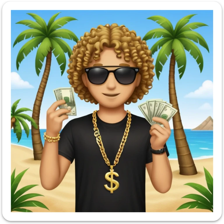 Happy mixed-race person with curly hair, black t-shirt, chain necklace, sunglasses, holding cash in both hands, palm tree beach background sticker