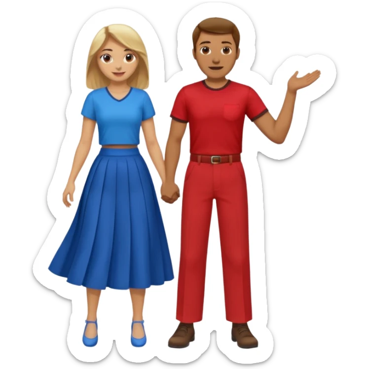 Two people dancing. Man in red shirt and  red pants with brown hair. Women in blue shirt and long skirt with blond hair. Having fun. sticker