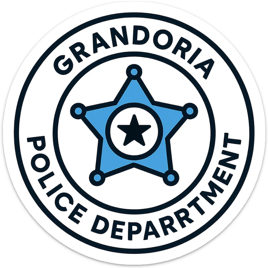 contemporary circular police badge for GRANDORİA POLİCE DEPARTMENT, geometric elements, flat design, blue and white colors, modern sans-serif text, clean and authoritative sticker