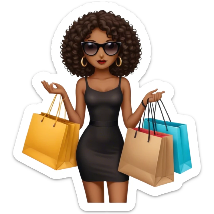 Rich dark brown girl with dark brown mid-length curly hair expensive retail shopping bags and sunglasses dressed in black sticker
